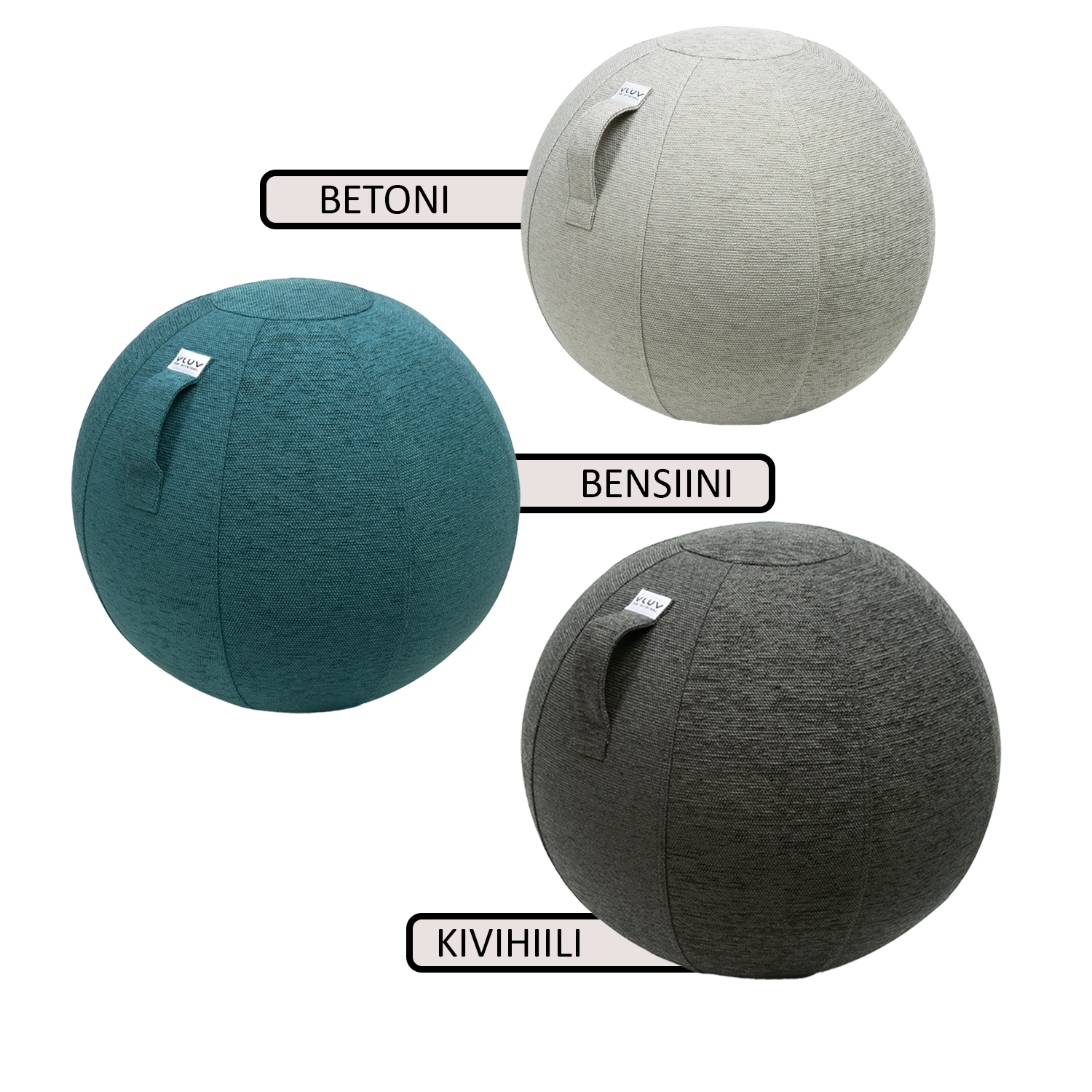 Kaikki VLUV stov istuinpallojen värit: concrete, petrol ja antracite